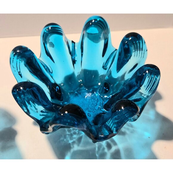 Set Of 3 Murano Blue Glass Sculptural Bowls With Organic Wave Design - Picture 4 of 7